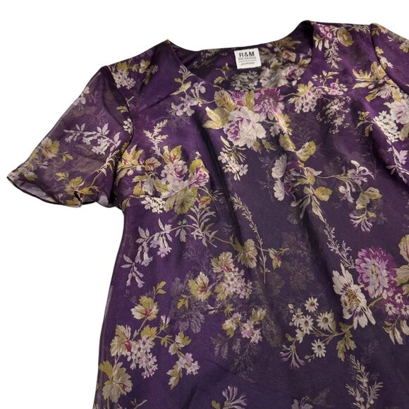 R & M Richards Womens Dark Floral Top Sz.XXL Purple Chiffon Party Office Boho - Picture 6 of 9